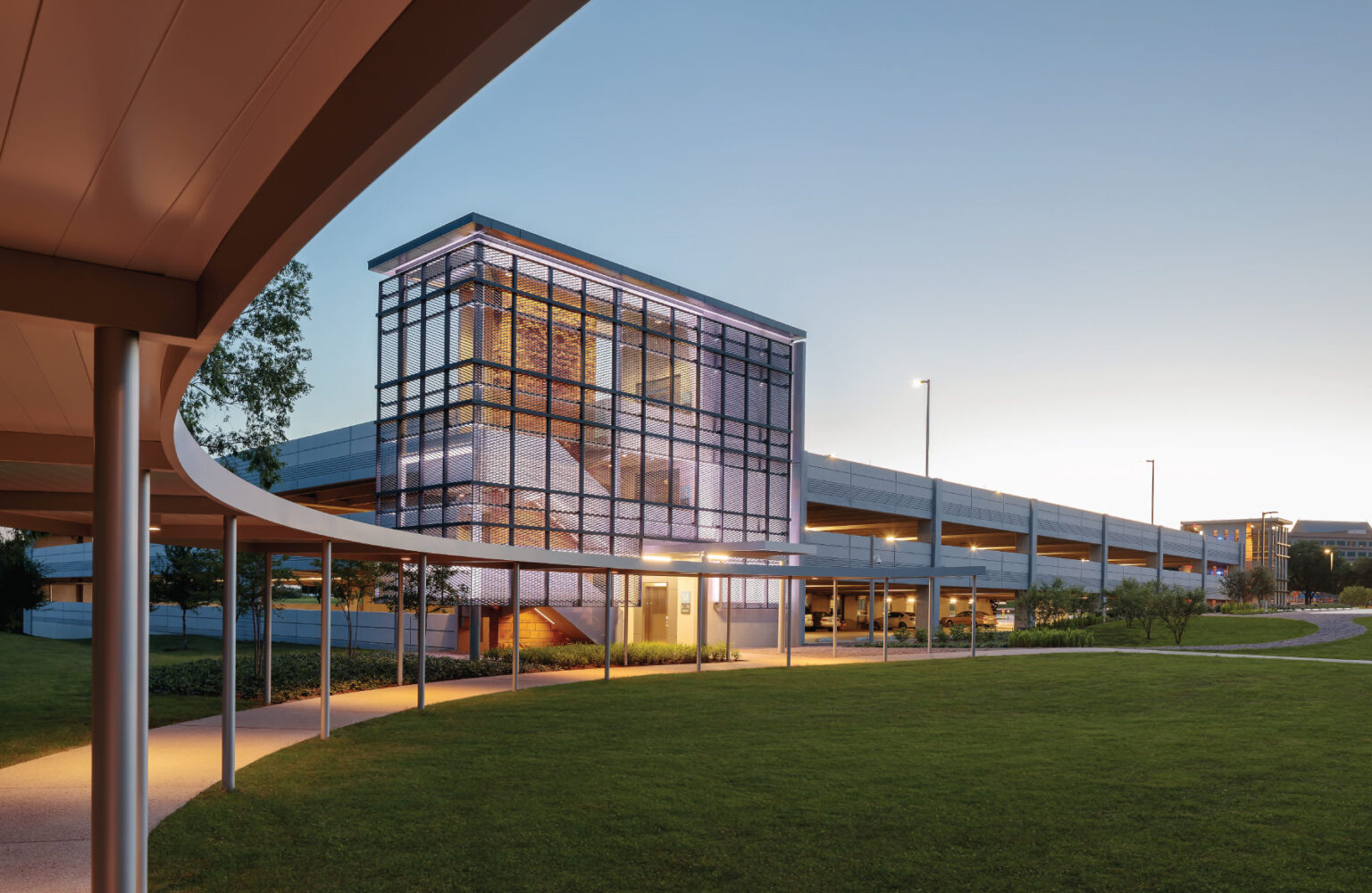 Expanded Mesh Parking Garage Screen with backlighting to create visual emphasis and drama.