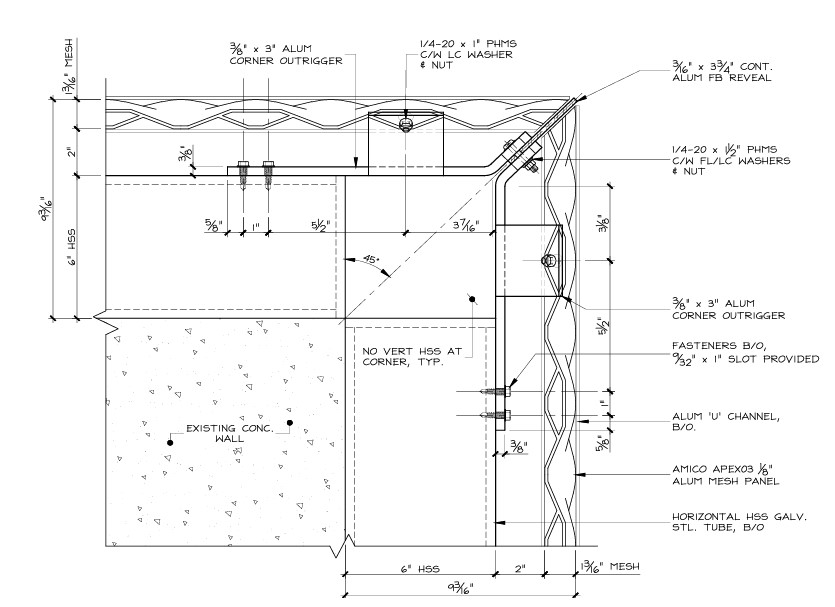 Expanded mesh facade detail illustrates how to create a crisp outside corner with a bar stock member and miter cut expanded mesh creating a clean line