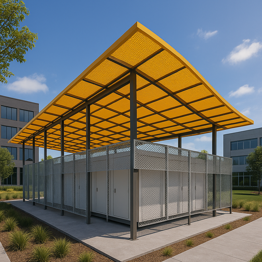 AI concept showing an expanded mesh sunshade and cladding that could reduce the surface temperature of the MDC, provide security, and add beauty.